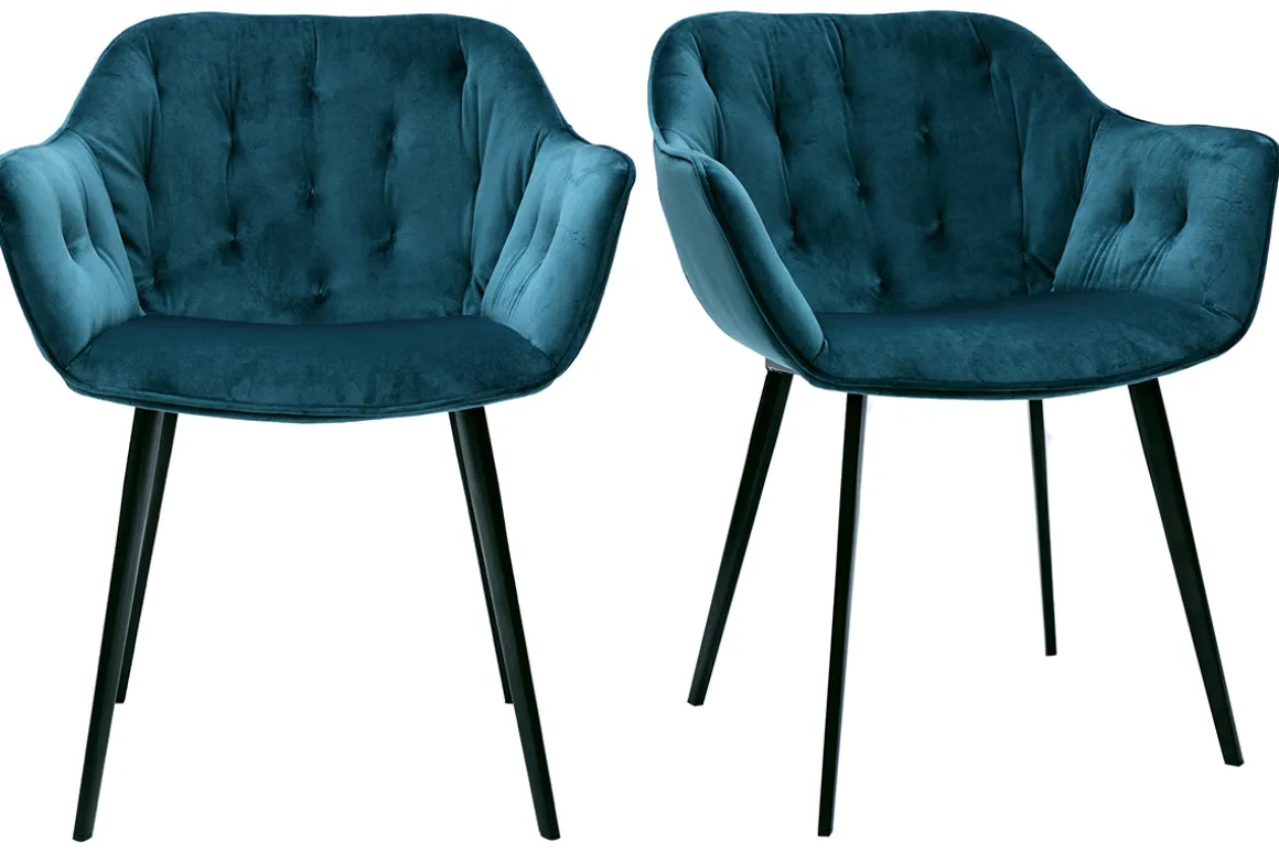 Miliboo Chaise Design-Chaises design en tissu velours bleu pétrole et métal noir (lot de 2) BURTON