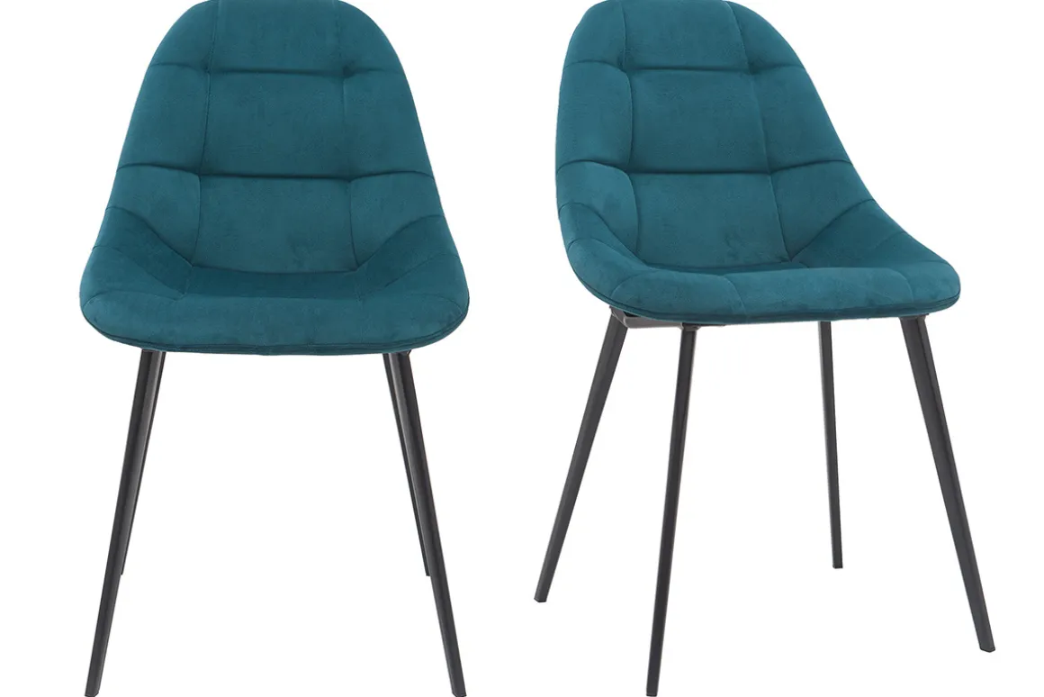 Miliboo Chaise Design-Chaises design en tissu velours bleu pétrole et métal noir (lot de 2) COX