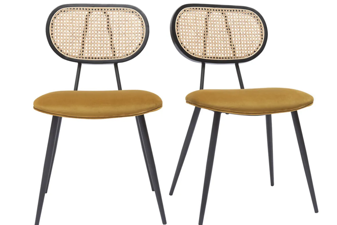 Miliboo Chaise Design-Chaises design en tissu velours bronze, métal noir et cannage rotin naturel (lot de 2) TOLMA