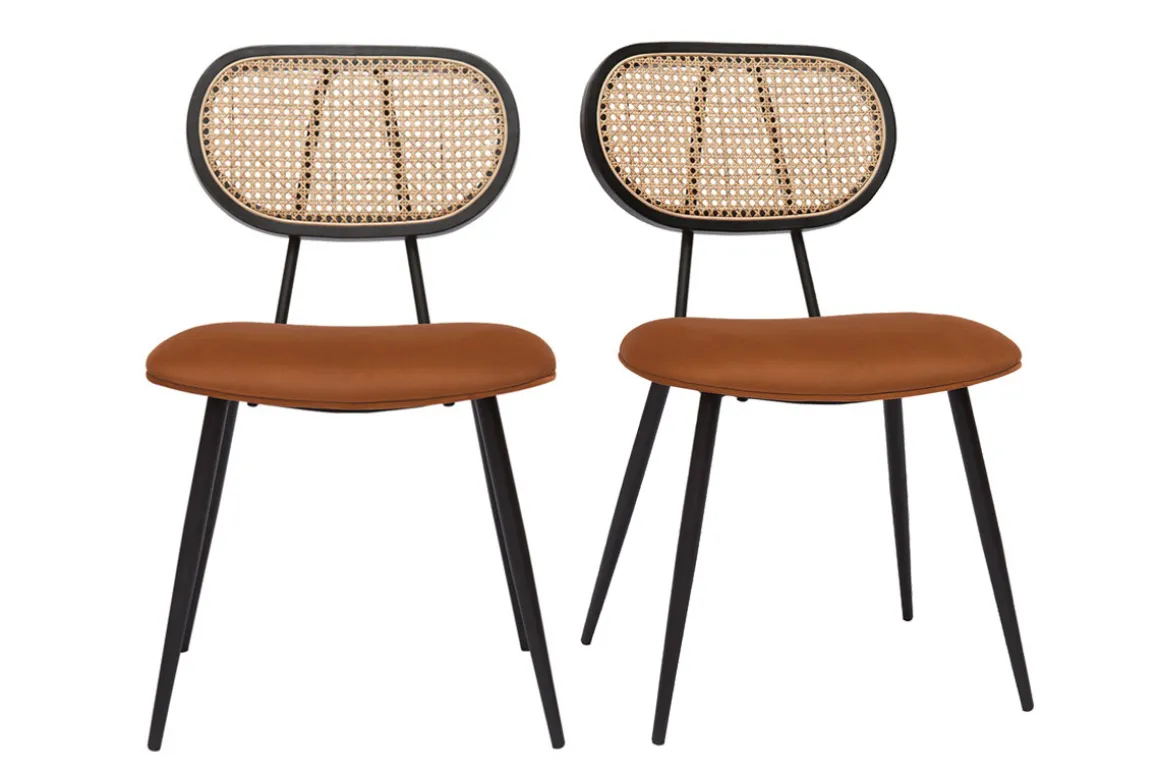 Miliboo Chaise Design-Chaises design en velours terre brûlée, métal noir et cannage rotin naturel (lot de 2) TOLMA