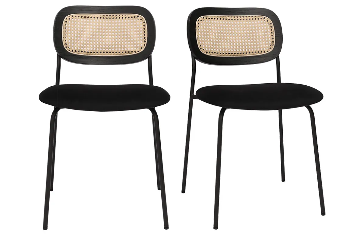 Miliboo Chaise Design-Chaises design en velours noir, métal noir et cannage rotin (lot de 2) MIRANDA