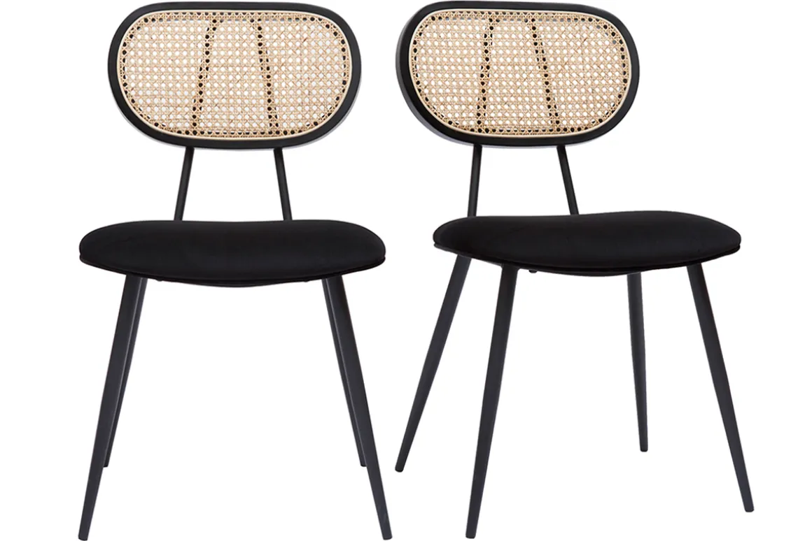 Miliboo Chaise Design-Chaises design noires en tissu velours, métal et cannage rotin naturel (lot de 2) TOLMA