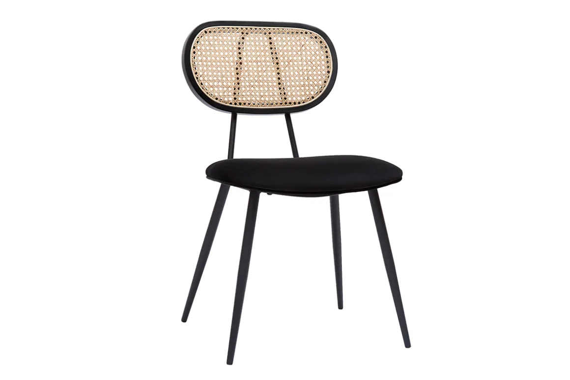 Miliboo Chaise Design-Chaises design noires en tissu velours, métal et cannage rotin naturel (lot de 2) TOLMA