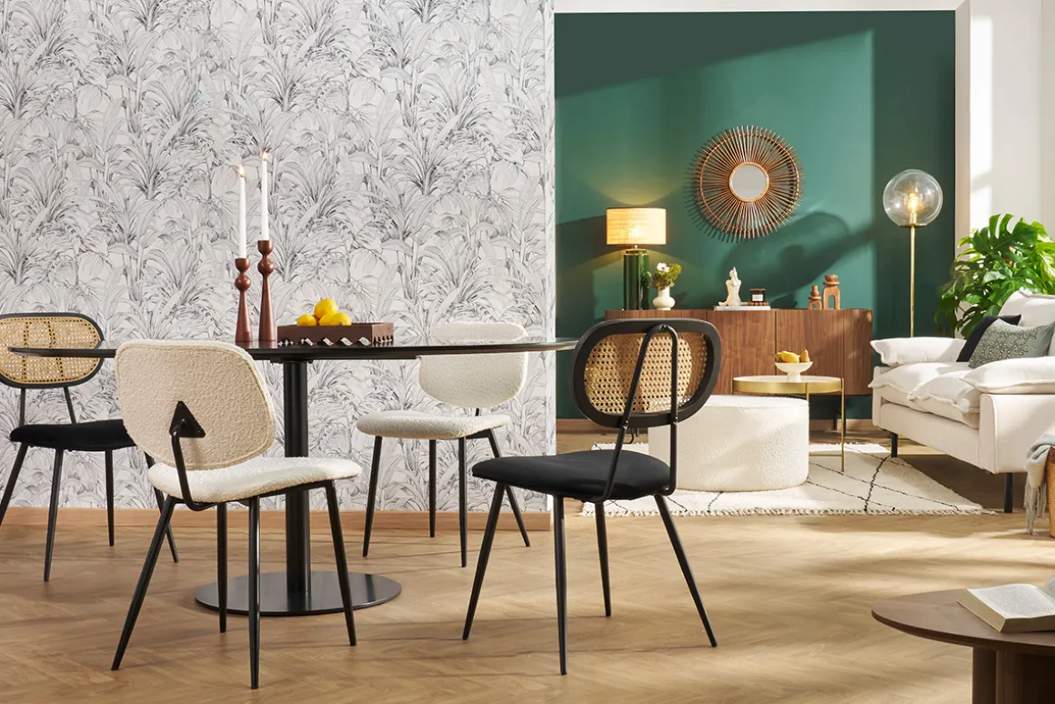 Miliboo Chaise Design-Chaises design noires en tissu velours, métal et cannage rotin naturel (lot de 2) TOLMA