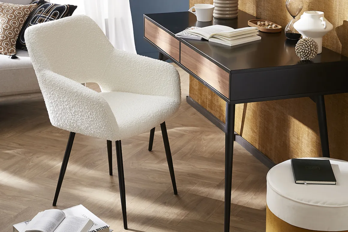 Miliboo Chaise Design-Chaises en tissu effet laine bouclée blanc cassé et métal noir (lot de 2) LAURETTE