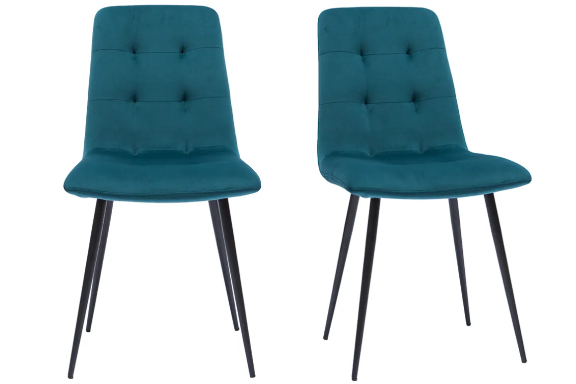Miliboo Chaise Design-Chaises en tissu velours gaufré bleu canard et métal noir (lot de 2) ESCAPE