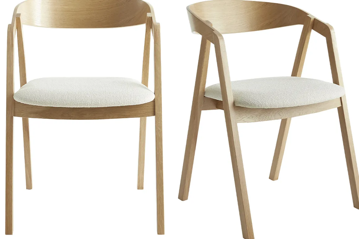 Miliboo Chaise Design|Chaise En Bois-Chaises scandinaves empilables en bois clair chêne et tissu effet laine bouclée blanc cassé (lot de 2) LOVA