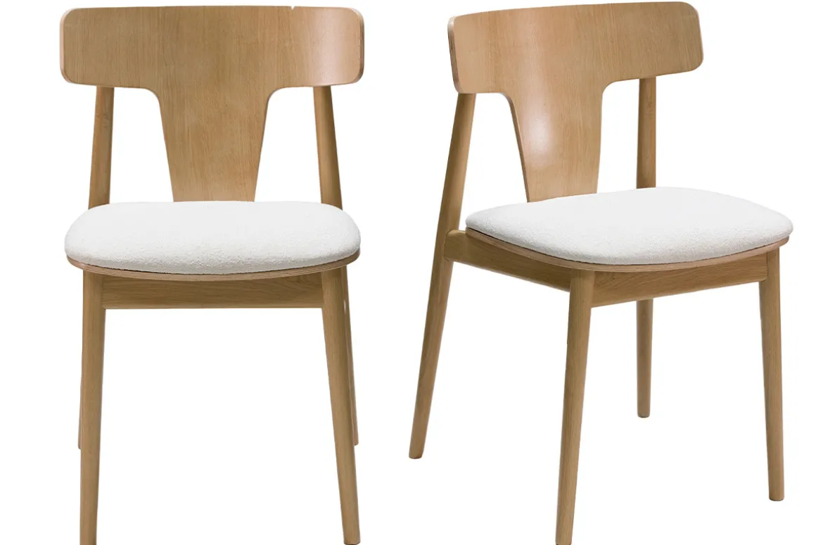 Miliboo Chaise Design|Chaise En Bois-Chaises scandinaves en bois clair chêne massif et tissu effet laine bouclée blanc cassé (lot de 2) LOUISA
