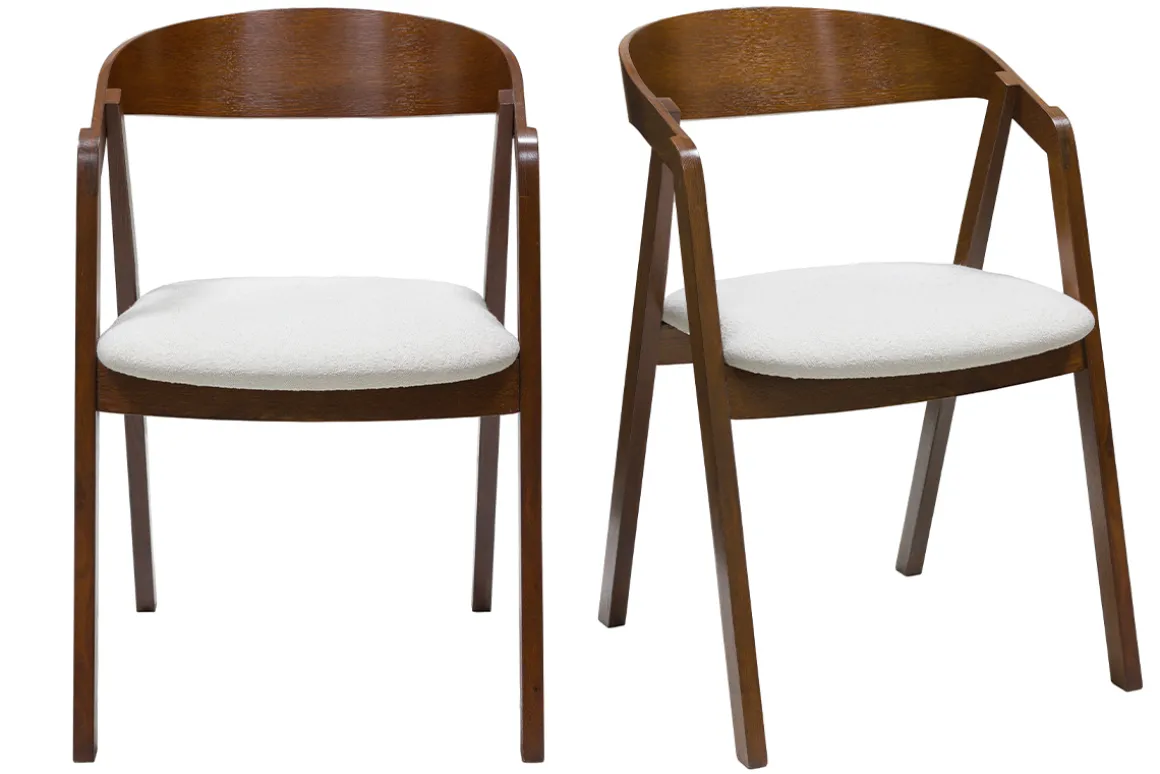 Miliboo Chaise Design-Chaises vintage empilables en bois teinté noyer et tissu effet laine bouclée blanc (lot de 2) LOVA