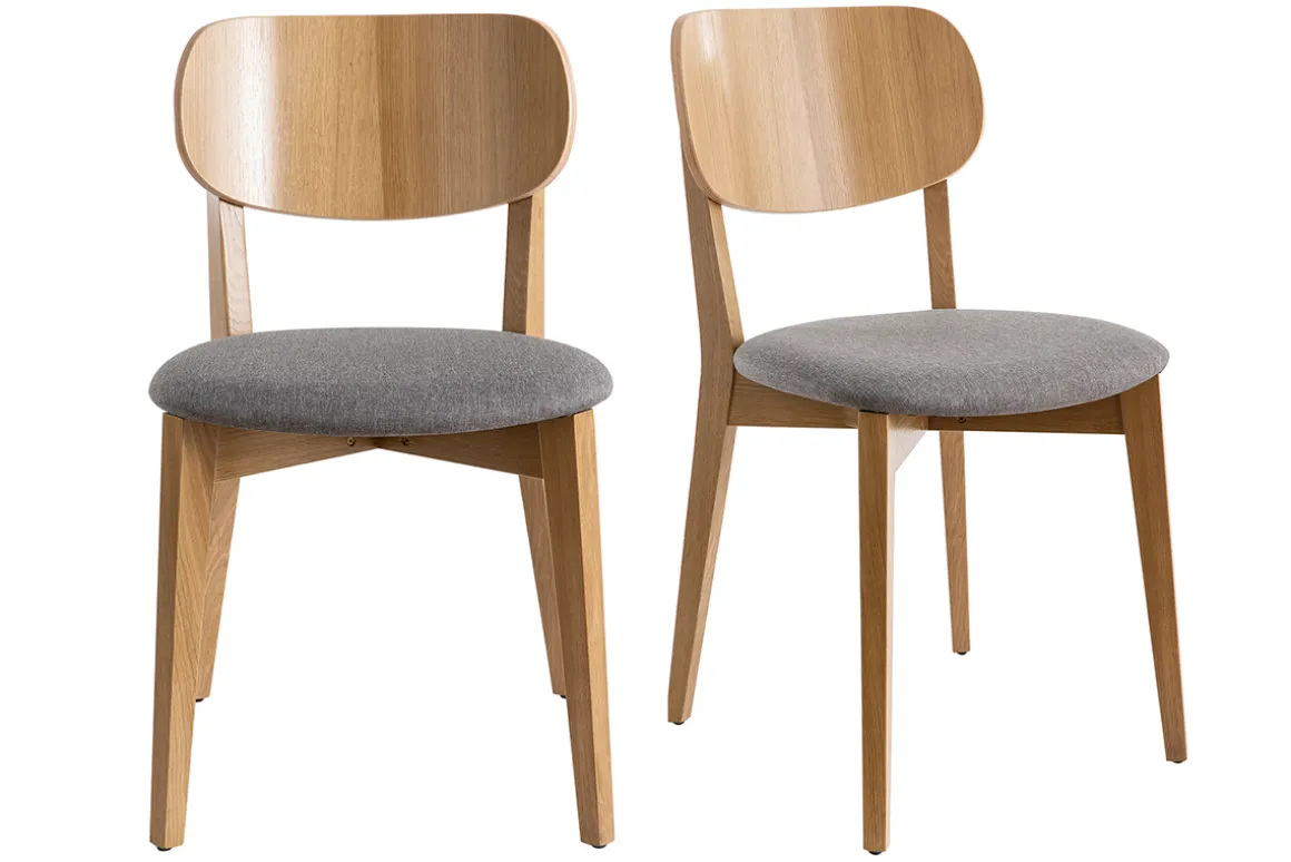 Miliboo Chaise Design|Chaise En Bois-Chaises vintage en bois clair chêne et tissu gris clair (lot de 2) LUCIA