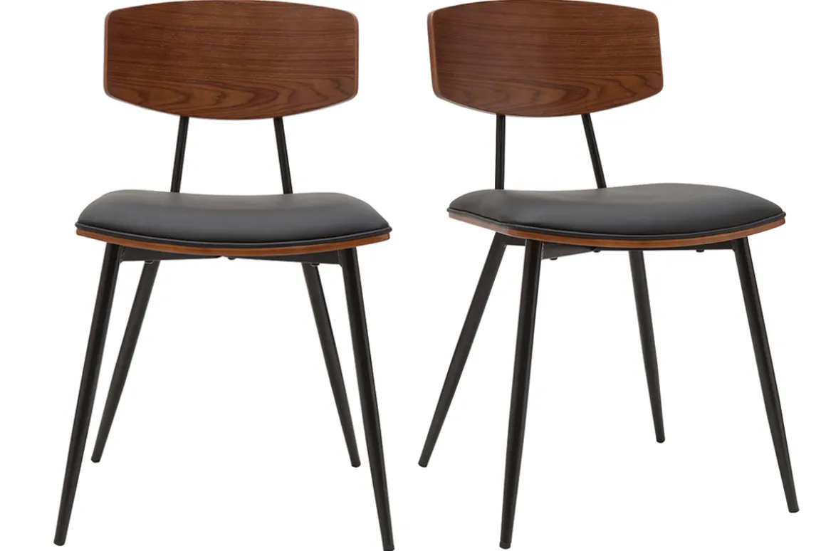 Miliboo Chaise Design|Chaise En Bois-Chaises vintage en bois foncé noyer assises noires et métal noir (lot de 2) JOLINE