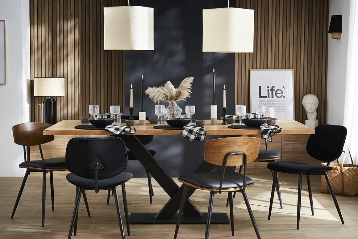 Miliboo Chaise Design|Chaise En Bois-Chaises vintage en bois foncé noyer assises noires et métal noir (lot de 2) JOLINE