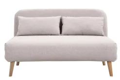 Miliboo Canapé Convertible|Voir Tous Les Canapés-Chauffeuse 2 places convertible en tissu effet velours texturé beige et bois clair AMIKO