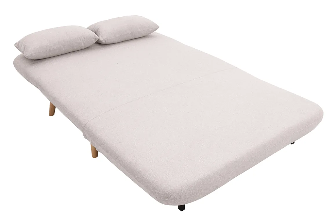 Miliboo Canapé Convertible|Voir Tous Les Canapés-Chauffeuse 2 places convertible en tissu effet velours texturé beige et bois clair AMIKO