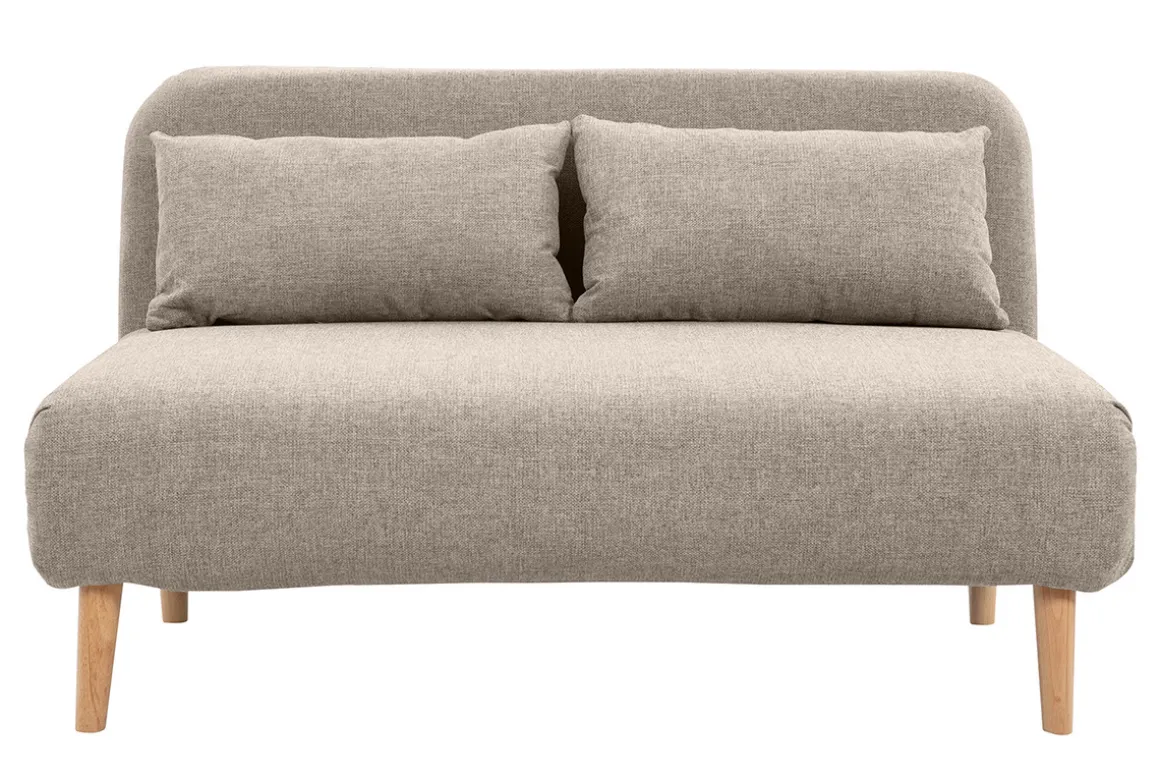 Miliboo Canapé Convertible|Voir Tous Les Canapés-Chauffeuse 2 places convertible en tissu taupe et bois clair AMIKO