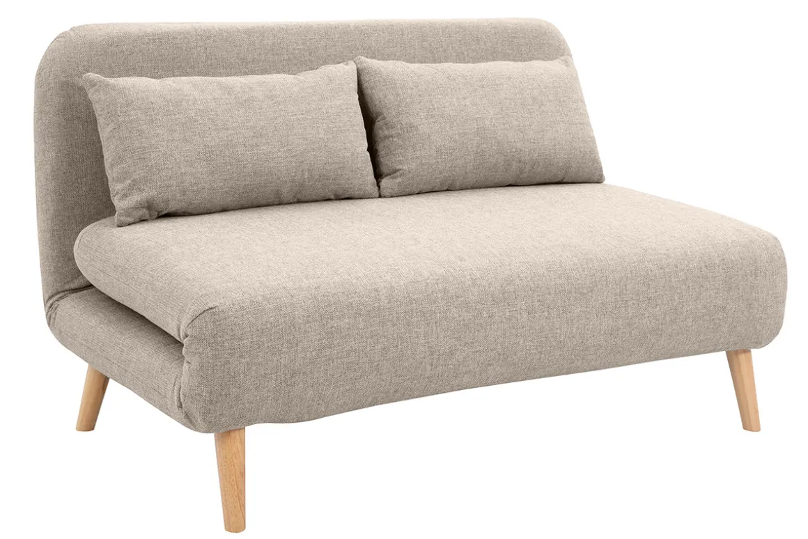 Miliboo Canapé Convertible|Voir Tous Les Canapés-Chauffeuse 2 places convertible en tissu taupe et bois clair AMIKO