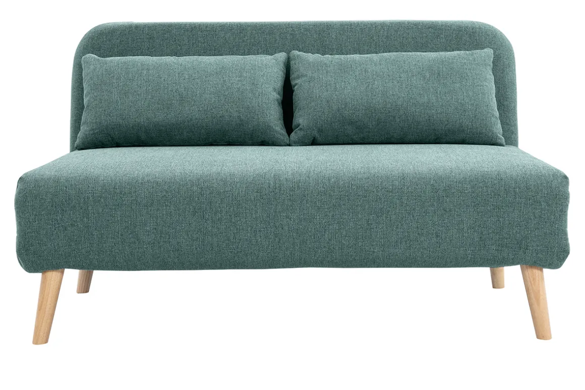 Miliboo Canapé Convertible|Voir Tous Les Canapés-Chauffeuse 2 places convertible en tissu vert de gris et bois clair AMIKO