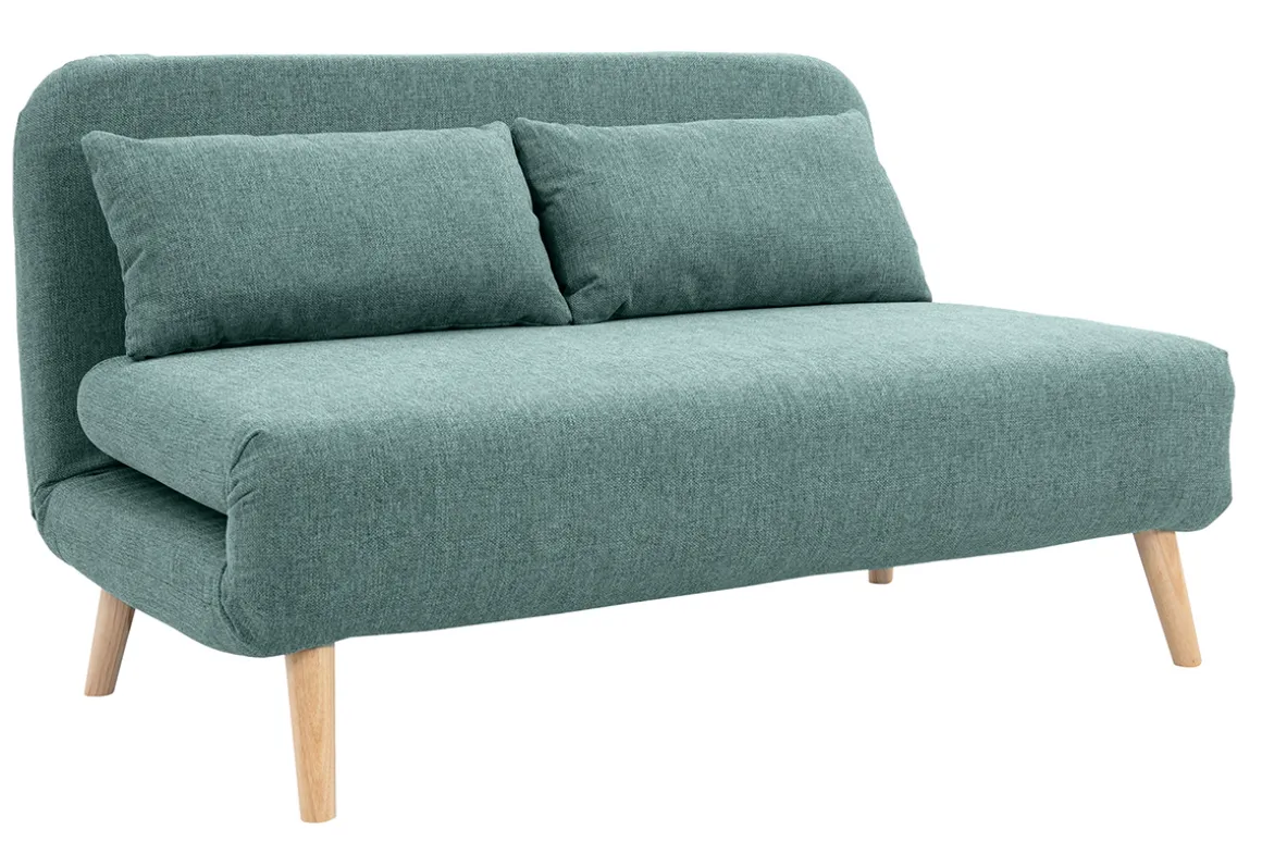 Miliboo Canapé Convertible|Voir Tous Les Canapés-Chauffeuse 2 places convertible en tissu vert de gris et bois clair AMIKO