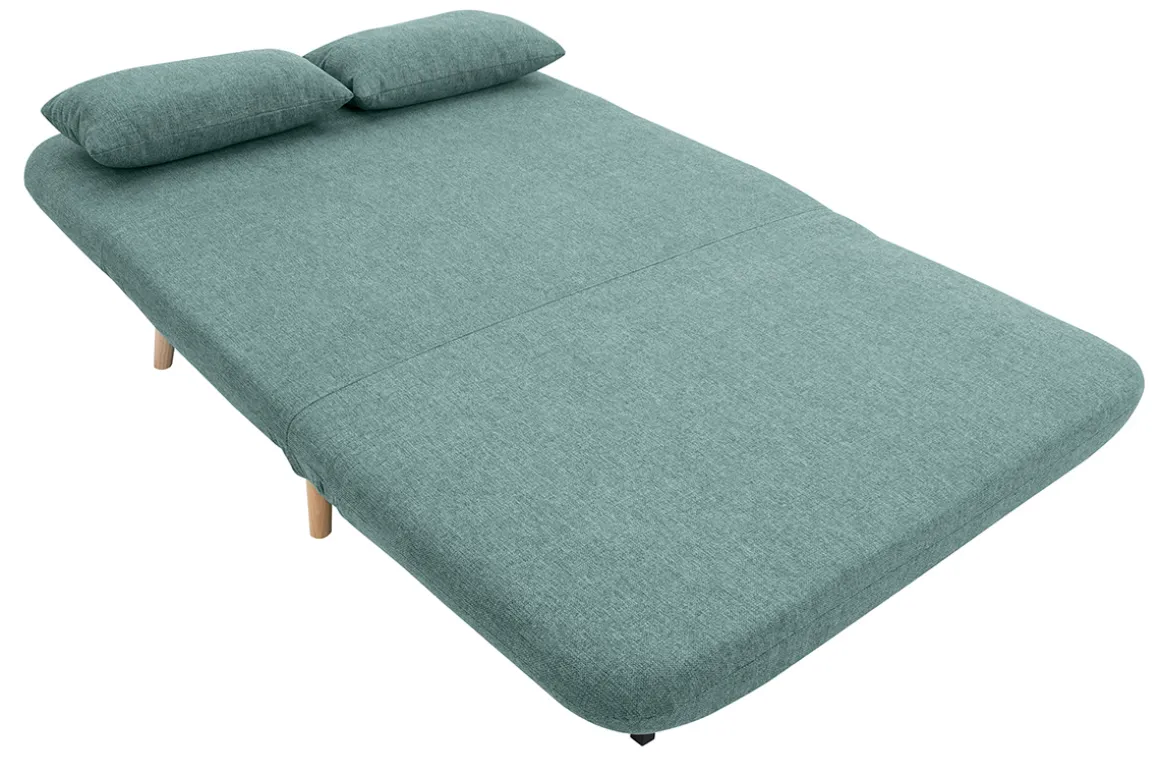 Miliboo Canapé Convertible|Voir Tous Les Canapés-Chauffeuse 2 places convertible en tissu vert de gris et bois clair AMIKO