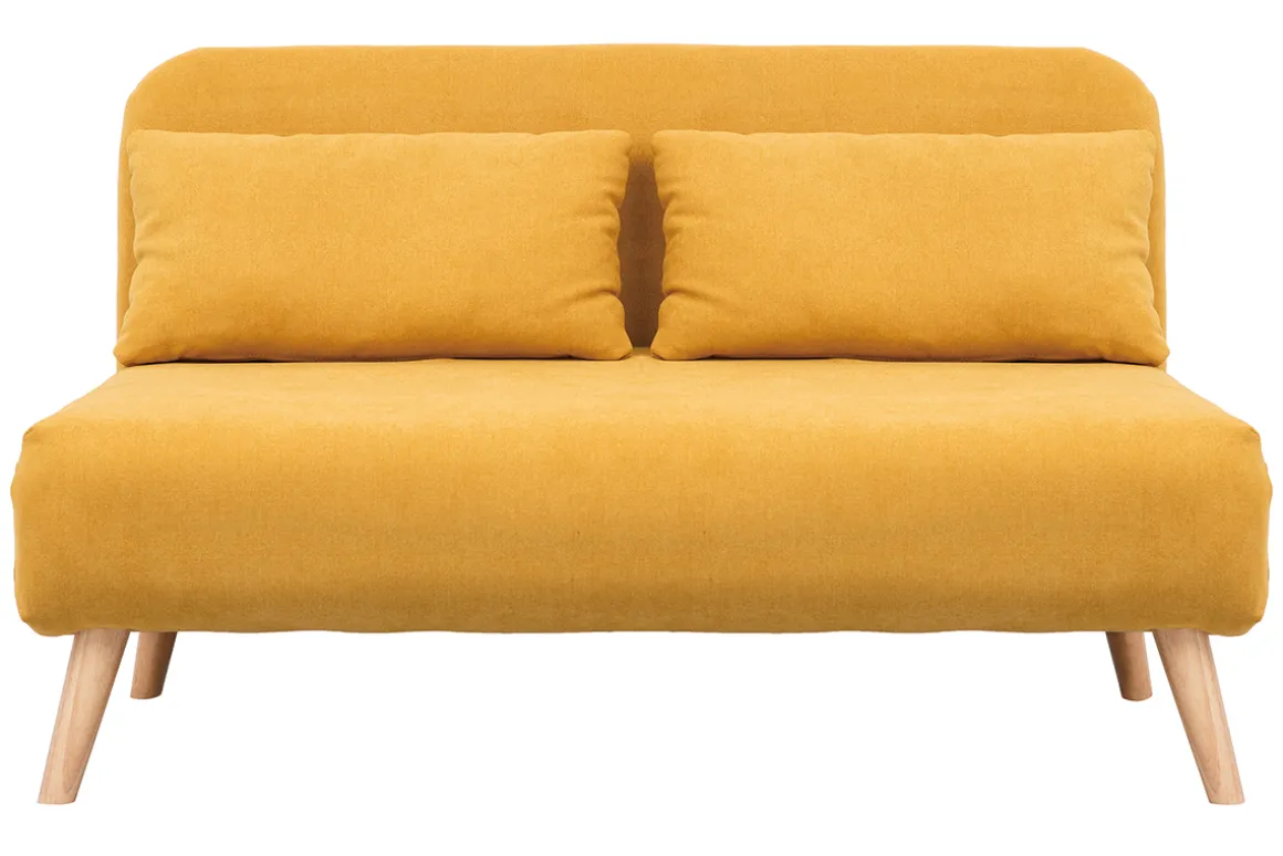 Miliboo Canapé Convertible|Voir Tous Les Canapés-Chauffeuse 2 places convertible en tissu effet velours moutarde et bois clair AMIKO