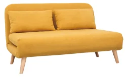 Miliboo Canapé Convertible|Voir Tous Les Canapés-Chauffeuse 2 places convertible en tissu effet velours moutarde et bois clair AMIKO