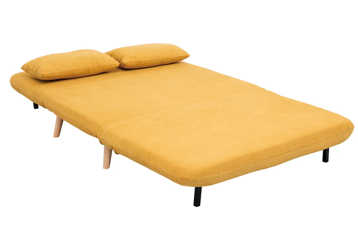 Miliboo Canapé Convertible|Voir Tous Les Canapés-Chauffeuse 2 places convertible en tissu effet velours moutarde et bois clair AMIKO