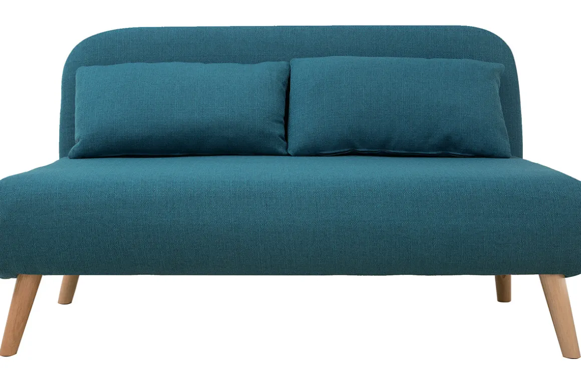 Miliboo Canapé Convertible|Voir Tous Les Canapés-Chauffeuse 2 places convertible en tissu bleu canard et bois clair AMIKO