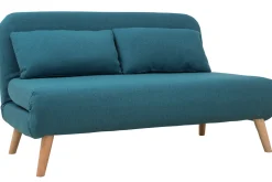 Miliboo Canapé Convertible|Voir Tous Les Canapés-Chauffeuse 2 places convertible en tissu bleu canard et bois clair AMIKO