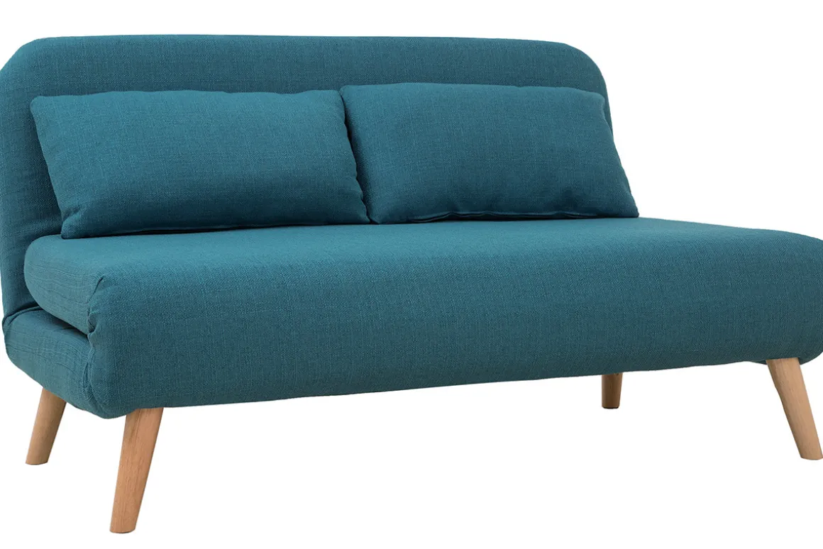 Miliboo Canapé Convertible|Voir Tous Les Canapés-Chauffeuse 2 places convertible en tissu bleu canard et bois clair AMIKO