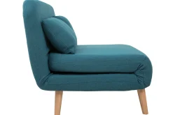 Miliboo Canapé Convertible|Voir Tous Les Canapés-Chauffeuse 2 places convertible en tissu bleu canard et bois clair AMIKO