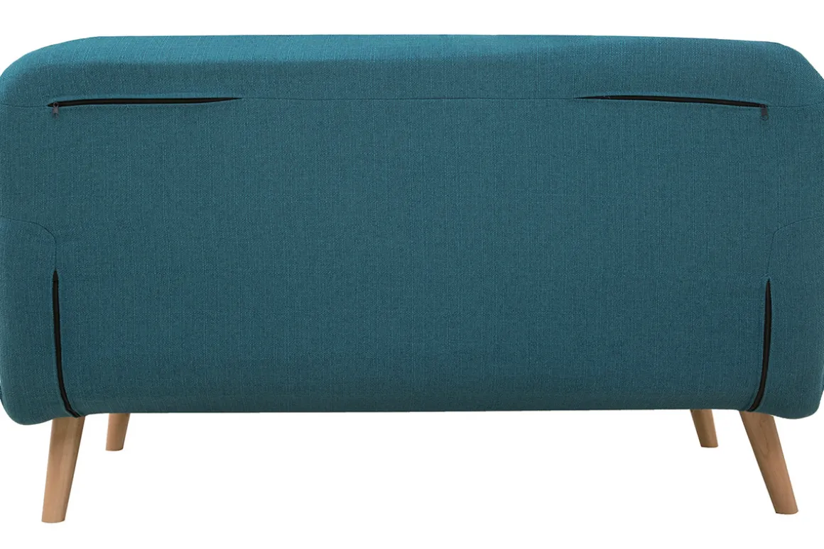Miliboo Canapé Convertible|Voir Tous Les Canapés-Chauffeuse 2 places convertible en tissu bleu canard et bois clair AMIKO