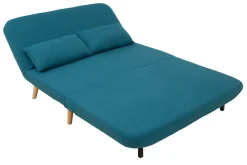 Miliboo Canapé Convertible|Voir Tous Les Canapés-Chauffeuse 2 places convertible en tissu bleu canard et bois clair AMIKO