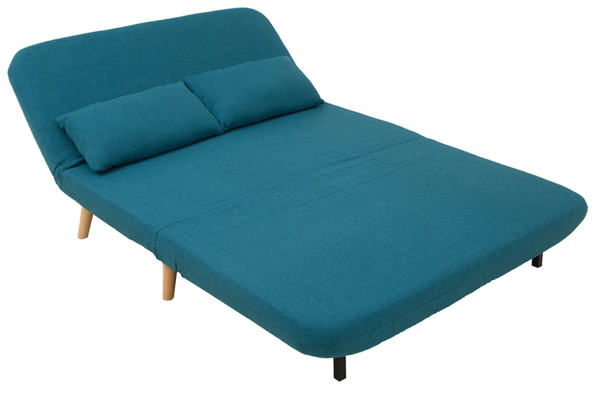 Miliboo Canapé Convertible|Voir Tous Les Canapés-Chauffeuse 2 places convertible en tissu bleu canard et bois clair AMIKO