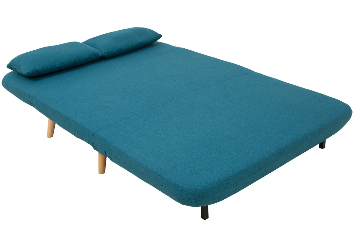 Miliboo Canapé Convertible|Voir Tous Les Canapés-Chauffeuse 2 places convertible en tissu bleu canard et bois clair AMIKO