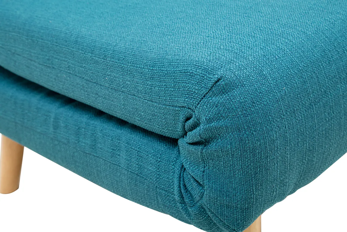 Miliboo Canapé Convertible|Voir Tous Les Canapés-Chauffeuse 2 places convertible en tissu bleu canard et bois clair AMIKO