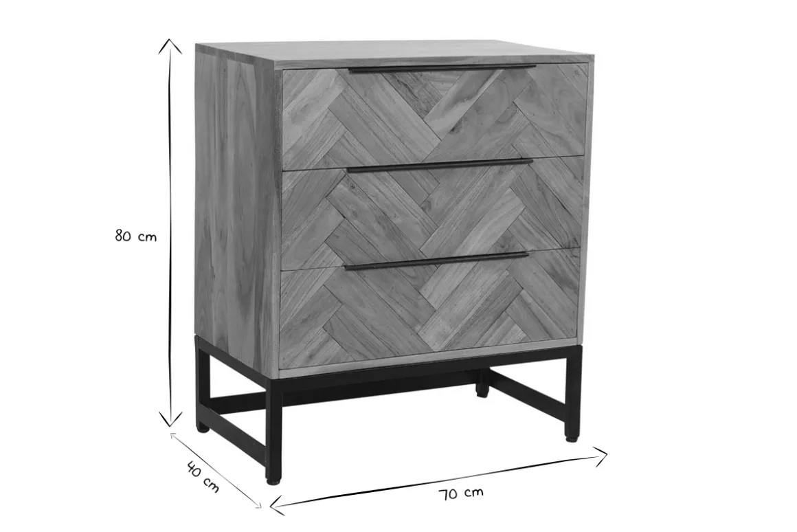 Miliboo Commode|Commode-Commode à motifs chevrons en bois massif et métal noir 3 tiroirs L70 cm STICK