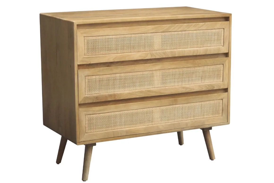 Miliboo Commode|Commode-Commode en bois manguier massif et cannage rotin 3 tiroirs L90 cm ACANGE