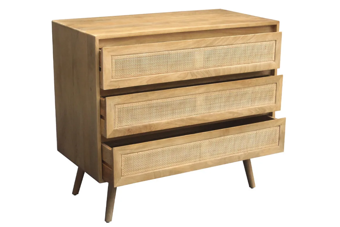 Miliboo Commode|Commode-Commode en bois manguier massif et cannage rotin 3 tiroirs L90 cm ACANGE