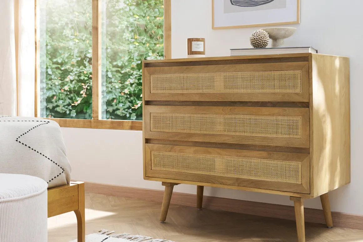 Miliboo Commode|Commode-Commode en bois manguier massif et cannage rotin 3 tiroirs L90 cm ACANGE