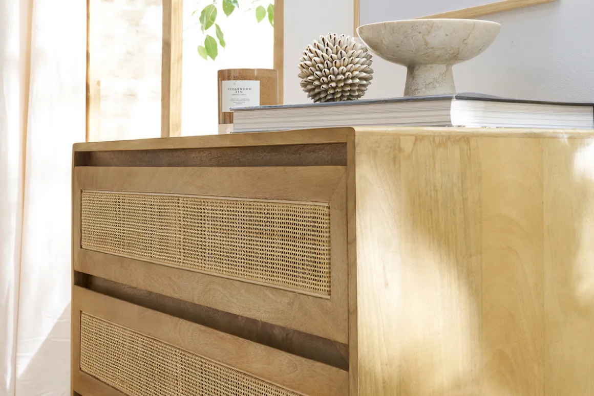 Miliboo Commode|Commode-Commode en bois manguier massif et cannage rotin 3 tiroirs L90 cm ACANGE