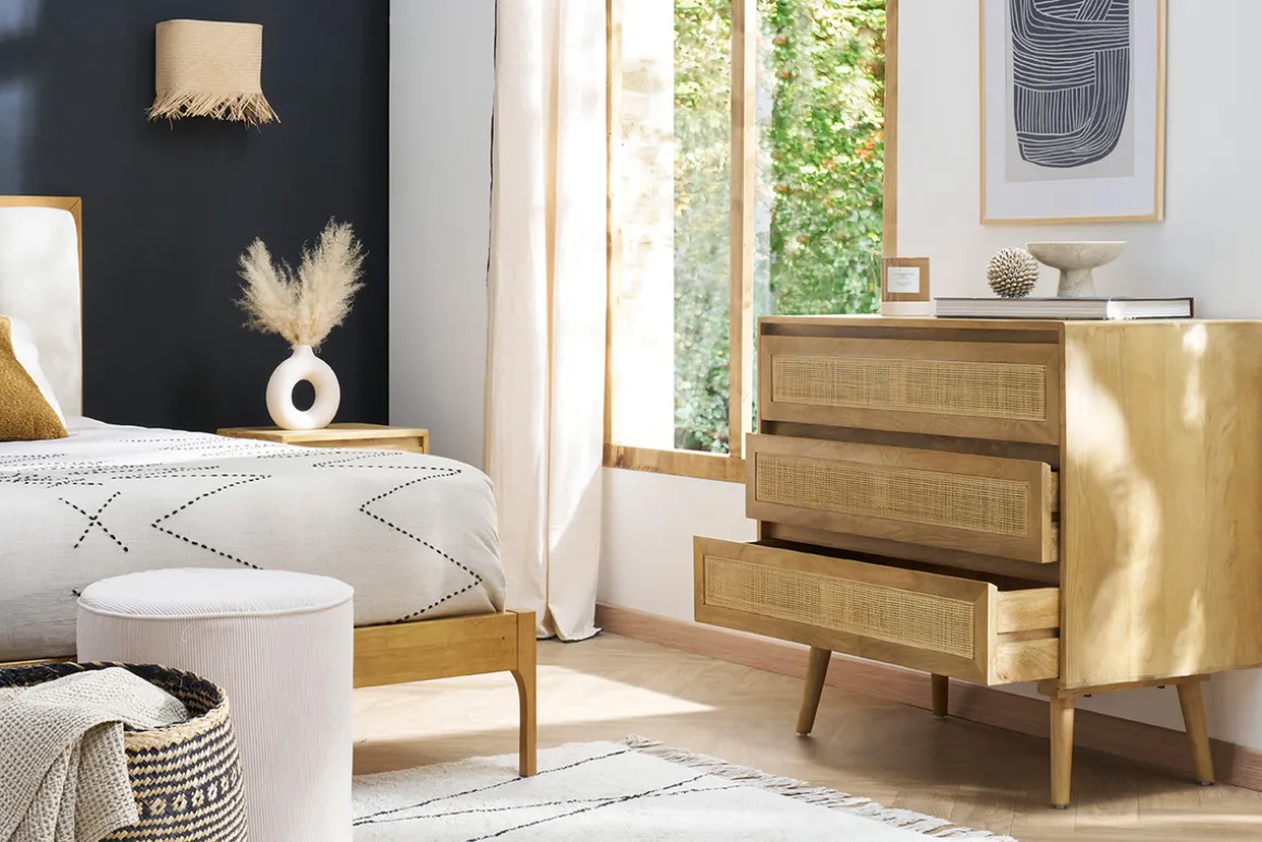 Miliboo Commode|Commode-Commode en bois manguier massif et cannage rotin 3 tiroirs L90 cm ACANGE