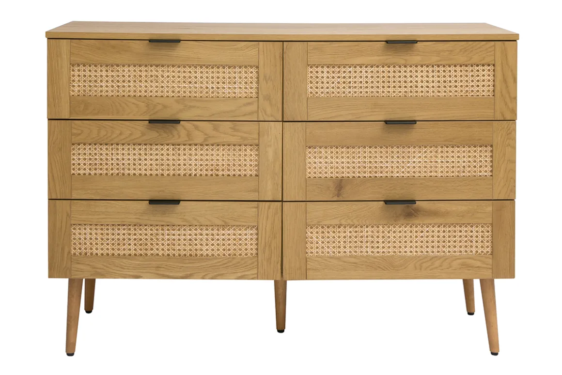 Miliboo Commode|Commode-Commode finition bois clair, cannage en rotin et métal noir 3 tiroirs L120 cm MANILLE