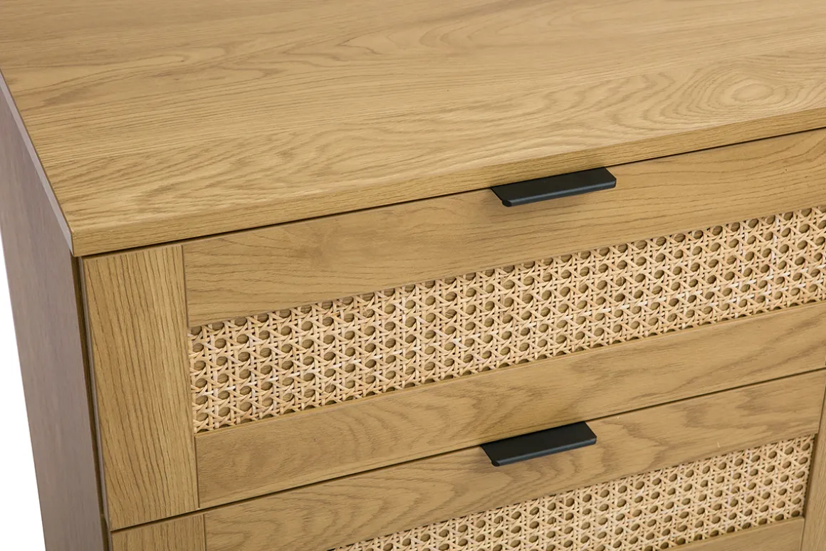 Miliboo Commode|Commode-Commode finition bois clair, cannage en rotin et métal noir 3 tiroirs L120 cm MANILLE