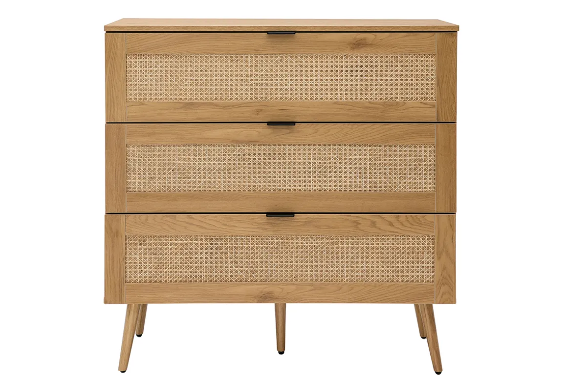 Miliboo Commode|Commode-Commode finition bois clair, cannage en rotin et métal noir 3 tiroirs L100 cm MANILLE