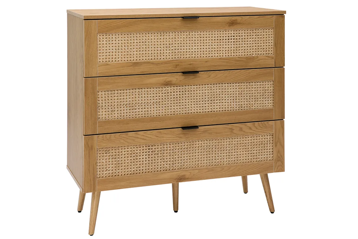 Miliboo Commode|Commode-Commode finition bois clair, cannage en rotin et métal noir 3 tiroirs L100 cm MANILLE