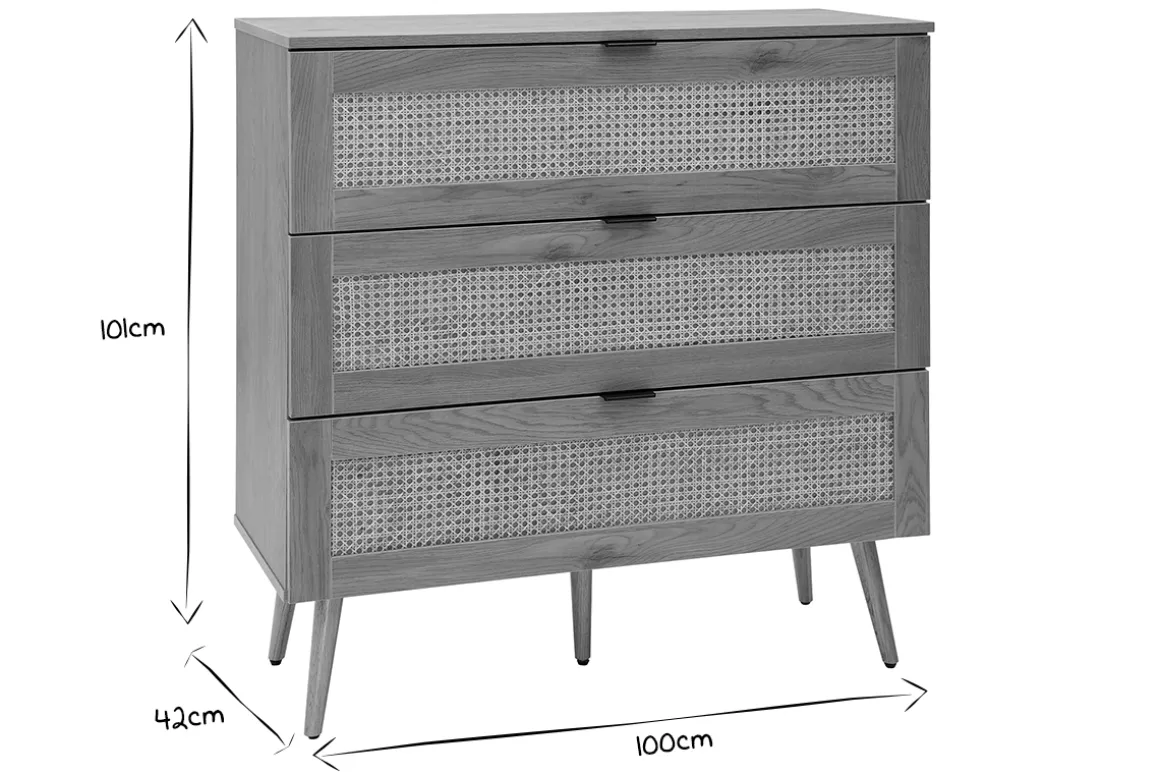 Miliboo Commode|Commode-Commode finition bois clair, cannage en rotin et métal noir 3 tiroirs L100 cm MANILLE