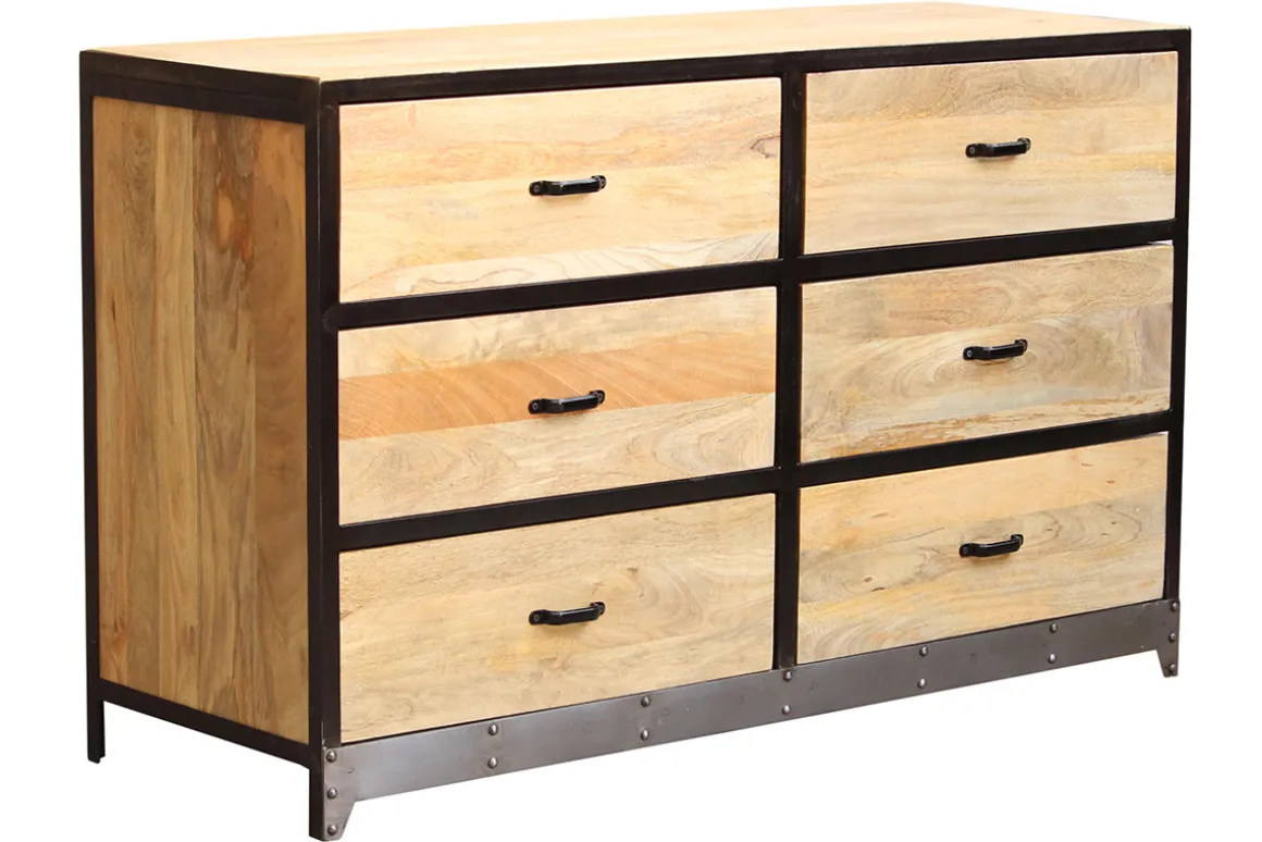 Miliboo Commode|Commode-Commode industrielle en bois manguier massif et métal noir 6 tiroirs L130 cm INDUSTRIA