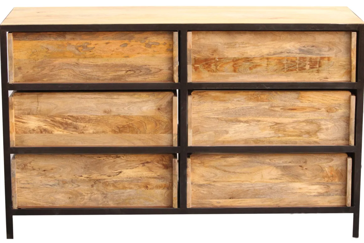 Miliboo Commode|Commode-Commode industrielle en bois manguier massif et métal noir 6 tiroirs L130 cm INDUSTRIA