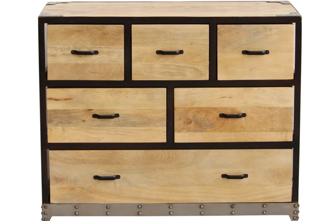 Miliboo Commode|Commode-Commode industrielle en bois manguier massif et métal noir 6 tiroirs L99 cm INDUSTRIA