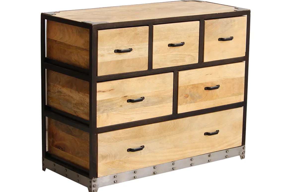 Miliboo Commode|Commode-Commode industrielle en bois manguier massif et métal noir 6 tiroirs L99 cm INDUSTRIA